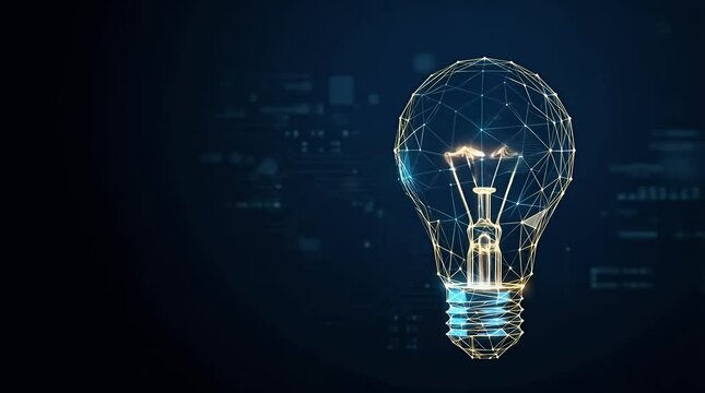 Glowing Holographic Light Bulb Icon with Data Visualization Elements