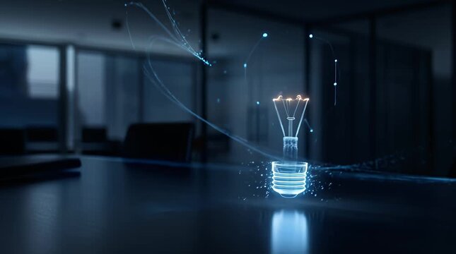 Glowing Holographic Light Bulb Visualization in Modern Office Space