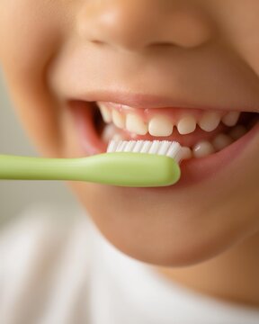 A child joyfully brushing their teeth with a green toothbrush, promoting good dental hygiene and health habits.