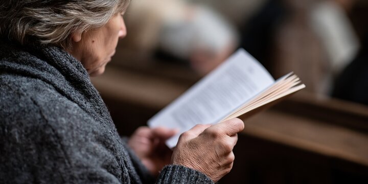 An elderly individual peruses a program with focused attention, embodying the value of tradition and the importance of contemplation in community gatherings and ceremonies.