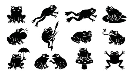 Fototapeta premium Sheet of 12 Stylized Black Frog Silhouettes – Minimalist Sticker-Style Vector Icons with Whimsical Retro Vibe