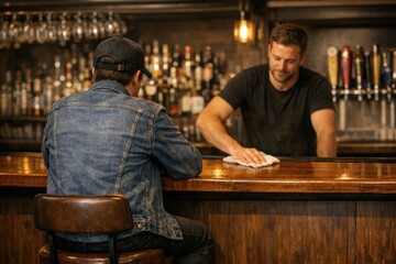 Fototapeta premium A man sits at a bar with another person in the background, possibly having a conversation