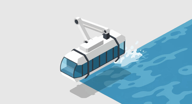 Monorail train traveling over waterway.