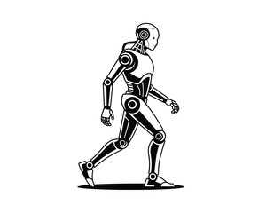 Fototapeta premium Humanoid robot walking in profile on white background