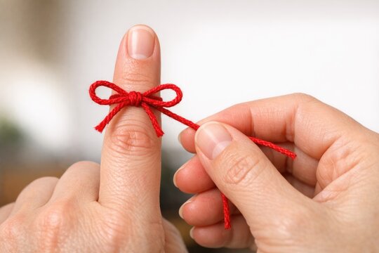 A person wrapping a red thread around their finger, possibly for good luck or as a symbol of love and unity