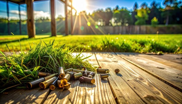 Spent shotgun shells scattered on a wooden deck after a day of clay pigeon shooting practice
