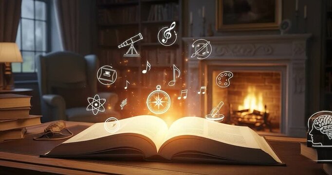 Open book with floating icons and fireplace background