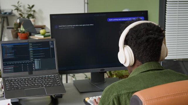 Medium over-shoulder shot of young African American programmer writing text prompt for AI vibe coding assistant, watching script appear on computer screen, representing technological innovation