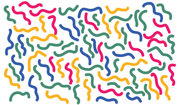 Abstract Colorful Squiggle Line Pattern Background. Trendy Hand Drawn Wavy Worm Shapes Seamless Vector Texture on White Background 