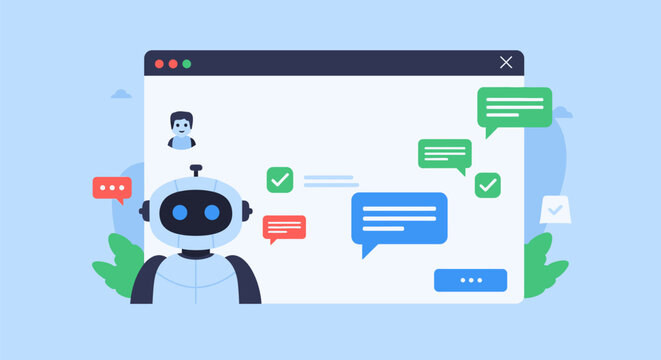 Vector illustration of an AI chatbot closing a customer support conversation, featuring chat bubbles, a stylized robot avatar, and digital interface elements for online service.