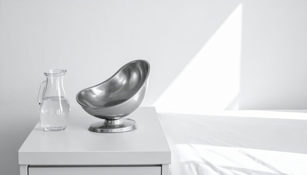 Stainless steel kidney-shaped emesis basin resting on a clean bedside table, a sterile healthcare accessory.