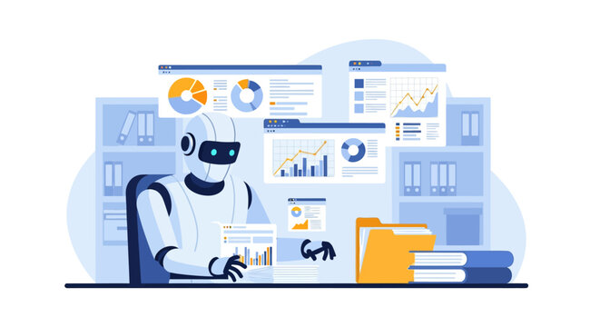 Robotic artificial intelligence system sorting and analyzing data packets or physical items in an automated warehouse environment, featuring sleek futuristic machinery and digital interface elements.