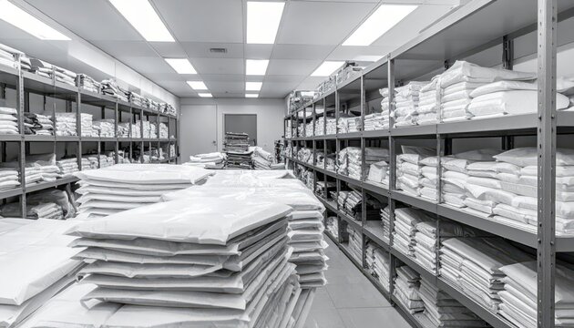 Stacks of sterile gauze pads in paper wrappers arranged neatly on shelves in a medical supply storage room