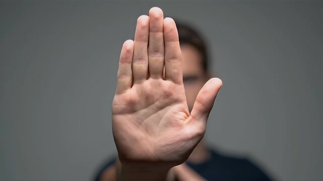 Person holding hand up in stop gesture, face blurred in background