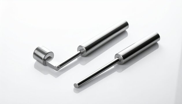 Stainless steel reflex hammer and tuning fork positioned parallel for medical diagnosis and examination