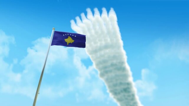Kosovo Flag 3D Render Animation on Pole with Fighter Jets Smoke Trails in Blue Sky - Low Angle View