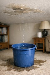 Fototapeta premium A blue bucket filled with water sitting on the floor, great for illustration of daily life or still life compositions