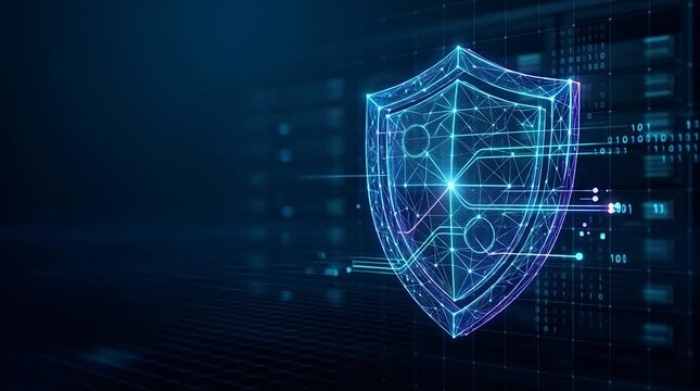 Futuristic Holographic Shield Icon Glowing Against Dark Background
