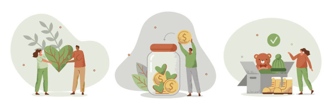 Charity donation and eco friendly donation concepts set with philanthropy sustainable friendly generosity volunteering investment environment packaging recycling kindness community