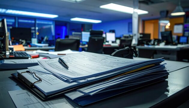 Stack of police incident report forms with pen on clipboard in office setting