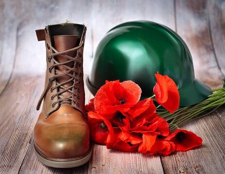 a pair of brown boots a green helmet and a bouquet of red poppies
