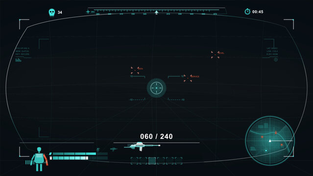 Futuristic tactical game HUD interface with first-person targeting view, cyan compass, minimap, timer, health bars, ammo counter, and weapon icon