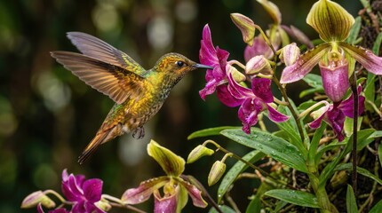 Fototapeta premium Hummingbird feeding on pink flowers in garden, nature photography