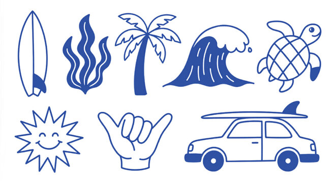 Minimalist blue surf icons set, hand drawn summer beach vector elements, surfboard and palm tree line art, ocean lifestyle graphics for branding