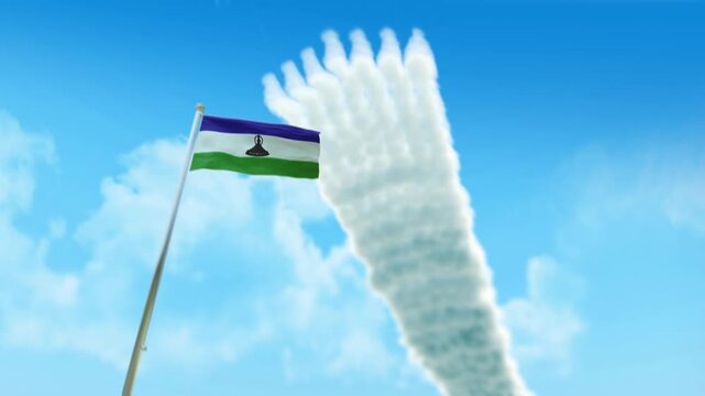 Lesotho Flag 3D Render Animation on Pole with Fighter Jets Smoke Trails in Blue Sky - Low Angle View