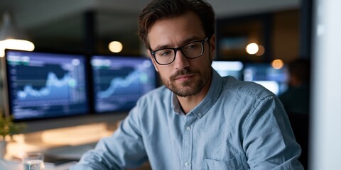 Obraz premium A focused young professional analyses graphs and data on multiple monitors, showcasing the intensity and importance of strategic planning and data-driven decision-making.