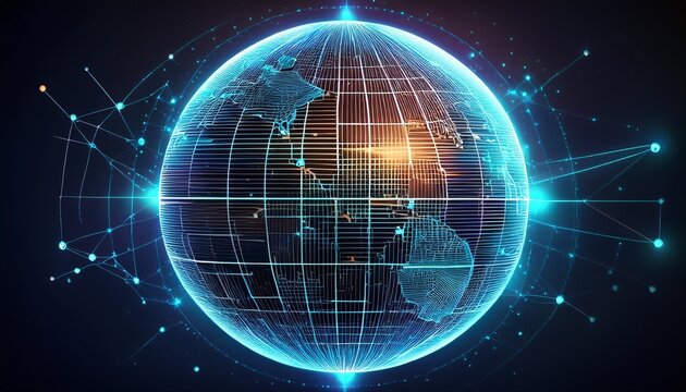 futuristic holographic globe with intricate geometric network patterns