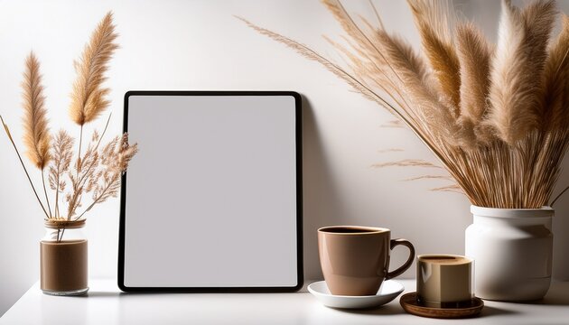 minimalist workspace featuring a tablet coffee and dried grasses on a light background