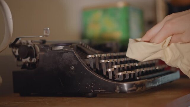 Closeup vintage typewriter keys being cleaned, careful hands wiping dust from metal keys in cozy workshop, warm film lighting creating nostalgic mood, textured platen and ribbon housing visible,
