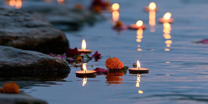A serene scene of floating candles and marigold flowers on calm water evokes feelings of peace and tranquility, often used in celebrations and spiritual ceremonies.