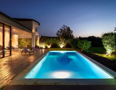 modern landscaped garden with luxury lap pool lighting up at night