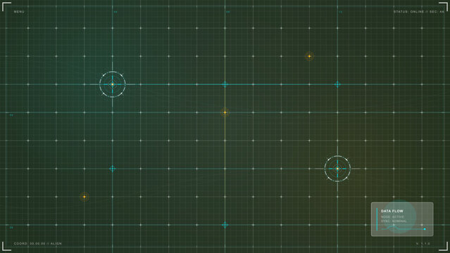 Minimal dark futuristic HUD grid background with cyan coordinate lines, glowing target markers, data flow panel and corner frame details.