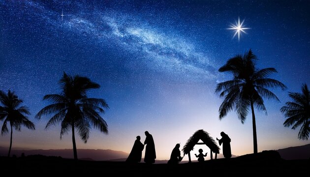 silhouette of nativity scene with palm trees and stars in the background