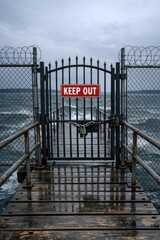 Obraz premium A warning sign saying 'keep out' on a pier, great for use in scenes with caution or restricted access