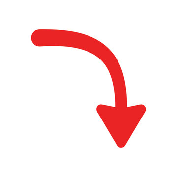 Red arrow pointing down with a curved tail against a white background indicating direction or decline