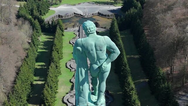 Hercules statue aerial view above the baroque cascade Kassel