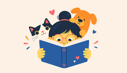 Young girl reading a book with a cat and dog during a joyful learning experience with hearts
