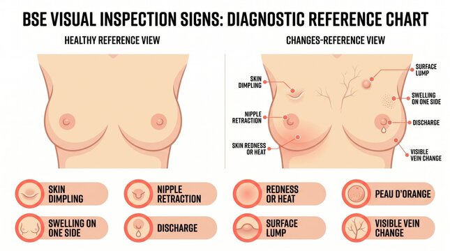 Breast visual inspection warning signs reference chart with annotated anatomical diagrams