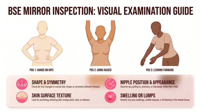 BSE mirror inspection step-by-step guide with diverse female figures in three positions