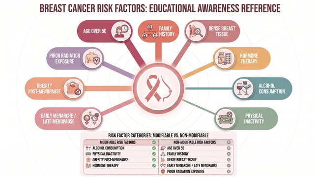 Breast cancer risk factors radial diagram with modifiable and non-modifiable categories