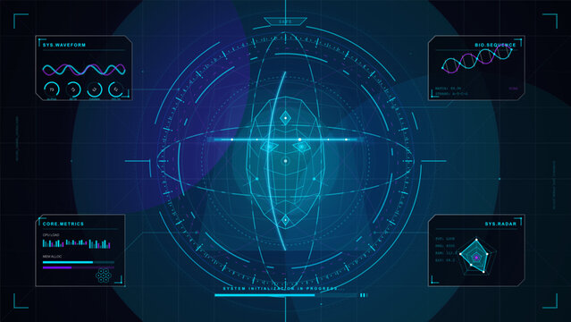 Futuristic biometric scan interface with wireframe face, glowing circular HUD rings, bio sequence charts and core metrics on dark grid background.