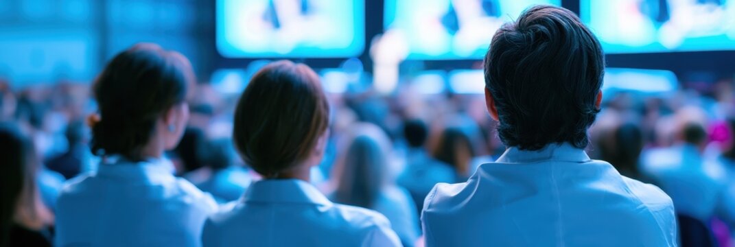 Vista posterior de una gran audiencia de profesionales en una conferencia m&eacute;dica o convenci&oacute;n corporativa mirando pantallas brillantes, fondo de escenario desenfocado, formato de banner web largo
