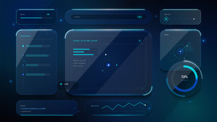 Dark futuristic HUD dashboard with glowing cyan panels, core system node display, sequence bars, task radar, capacity gauge, and metrics chart. © Антон Сальников