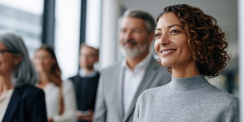 Obraz premium A confident woman stands in a professional environment, exuding positivity and assurance, surrounded by colleagues who share her enthusiastic outlook.