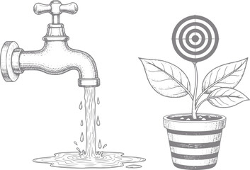 Obraz premium Water faucet pouring water next to a plant with a target as a flower