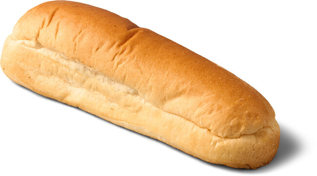 baked brown wheat hot dog bun isolated white background, soft matte crust bread, top view with shadow